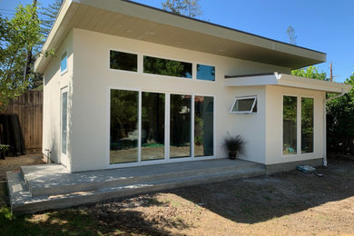 Idée de décoration pour une façade de Tiny House beige minimaliste de taille moyenne et de plain-pied avec un toit plat et un toit végétal.