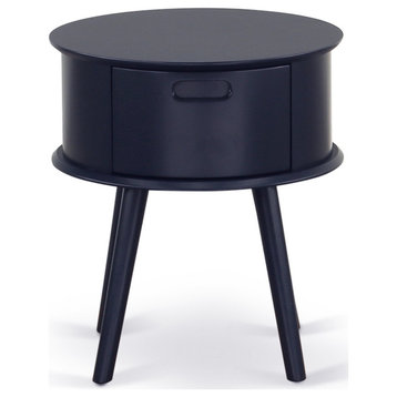 Gordon Round Night Stand End Table With Drawer, Navy Blue Finish
