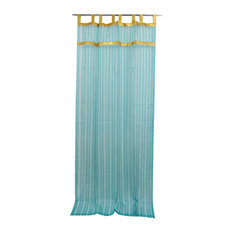 mogulinterior - 2 Sheer Organza Curtain Turquoise Golden Sari Border Drapes Panels, 48x108" - Curtains