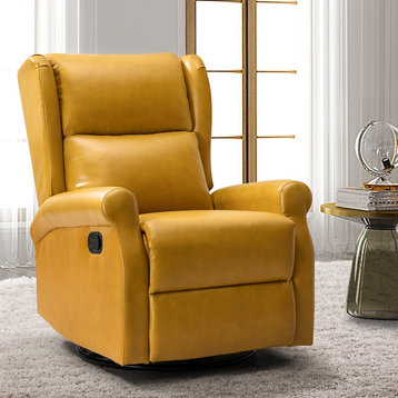 Comfy Faux Leather Manual Swivel Recliner With Metal Base, Yellow
