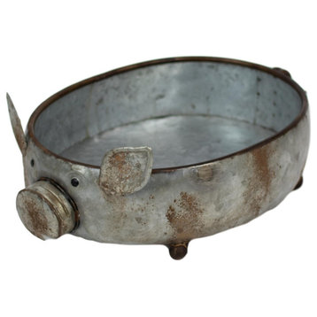 Whimsical Farmhouse Rustic Galvanized Metal Pig Tray Centerpiece Basket