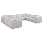 Meridian Furniture - Ease Polyester Upholstered U-Shaped Modular Sectional, Cream, 8 Piece: 4 Corner, 4 Armless - Ease into comfort when you bring home this Ease fabric modular sofa. Designed with an uber casual vibe in mind, this plump sofa sits low to the floor, making it a simplistically perfect addition to a living room, den, game room, teen's room, or dorm room. This fun sofa is part of a modular collection, so you can add it with other items in the Ease collection for a custom arrangement.