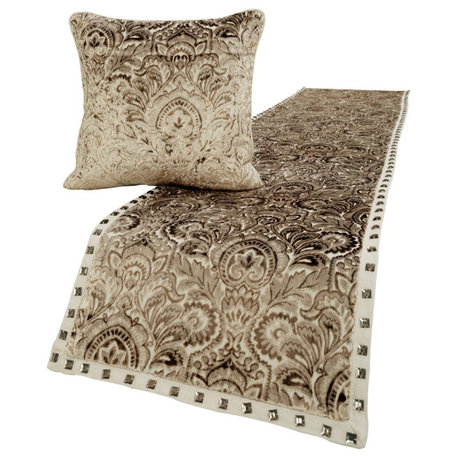 Beige Velvet Queen 74"x18" Bed Runner, Velvet Damask Crystal Border Henriretta