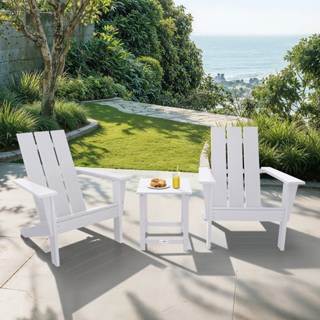 Arcadia Outdoor Patio Adirondack Chair, White, 3-Piece Set (2 Chairs and 1 Side Table)
