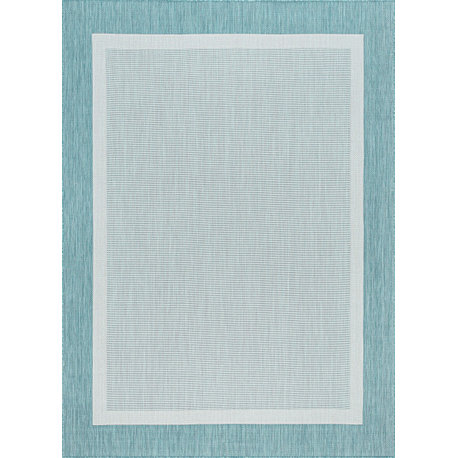 Dania Transitional Solid Border Aqua Rectangle Indoor/Outdoor Area Rug, 8'x10'