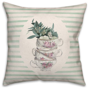 Stack Of Tea Cups Floral Stripes 4 18x18 Spun Poly Pillow