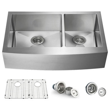 KIBI Handcrafted Farmhouse Apron Double Bowl Stainless Steel Kitchen Sink, 36"