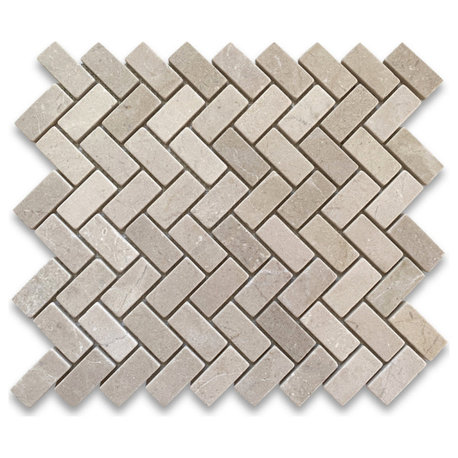 Tumbled Crema Marfil Marble 1x2 Herringbone Non Slip Shower Floor Tile, 1 sheet