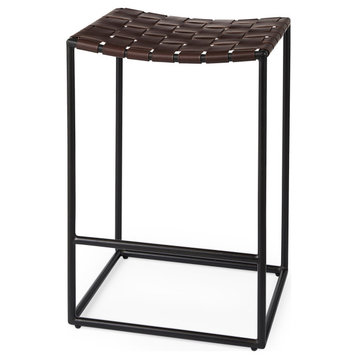 Clarissa Dark Brown Woven Leather Seat with Black Iron Frame Counter Stool