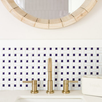 Metro Dog Bone Basketweave White w/Cobalt Dot Porcelain Floor and Wall Tile