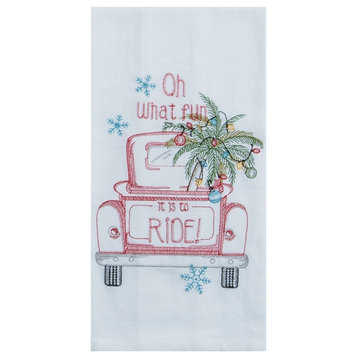 Holiday Red Pickup Truck Oh What Fun Embroidered Flour Sack Kitchen Dish Towel