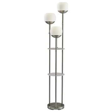 Modern Floor Lamp, Metal Frame With Shelves & Opal Glass Shades, Brushed Steel