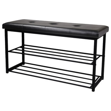 Black Entryway Shoe Rack Bench, Cushioned Faux Leather Seat