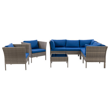 Parksville L, Shaped Patio 8pc Sectional Set, 2 Chairs, Blended Gray/Oxford Blue