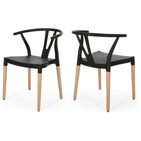 Victoria Modern Dining Chair With Beech Wood Legs, Set of 2, Black, Natural Wood Finish