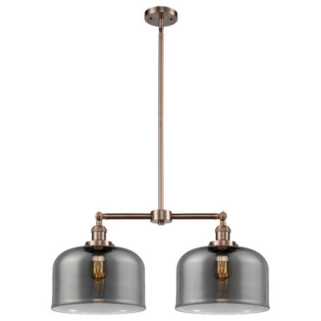 Large Bell 2-Light LED Chandelier, Antique Copper, Glass: Plated Smoked