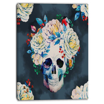 "Watercolor Vector Skull" Floral Digital Canvas Art Print, 12"x20"