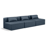 Meridian Furniture - Cube Upholstered Modular Sofa, Navy, 3-Piece: 3 Armless Chair, Vegan Leather - Elevate your space with the luxurious Cube Vegan Leather Modular Sofa. This modular sofa exudes modern elegance, charm, and comfort making it a perfect addition to any contemporary living space. Its clean lines and cube shape are reminiscent of minimalist design, while the plush navy vegan leather upholstery adds a touch of luxury and sophistication. The chair's versatile construction and geometric aesthetic seamlessly integrate into various design styles, from sleek living rooms to chic home offices, embodying the essence of modern design and creating a sense of order and tranquility in your space.