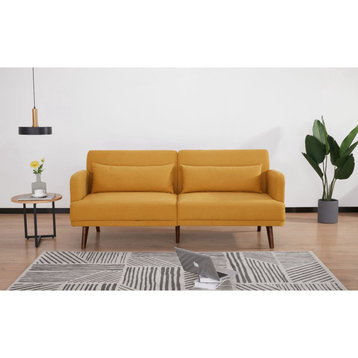 Convertible Futon Sofa, Pine Wood Frame & Split Pillowed Back, Mustard Yellow