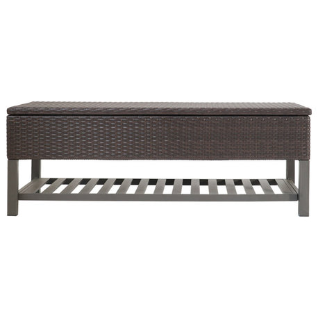 GDF Studio Martina Wicker and Iron Storage Bench With Rack, Multi Brown