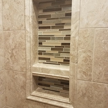 Travertine Tiles and Subway Brown Glass