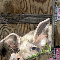 &ldquo;Sly Pig" oil on weathered wood. 12x16, framed in rope. - Mixed Media Art