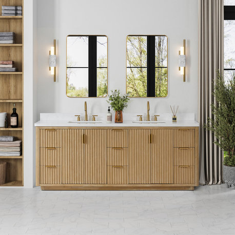 Cadiz Bath Vanity, Composite Stone Top, Washed Ash Grey, 84", With Mirror