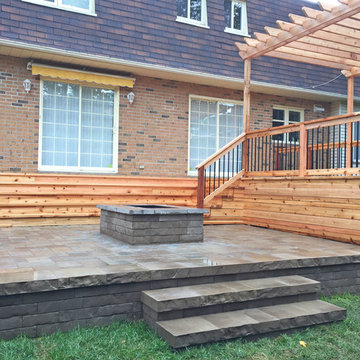 Western Red Cedar Deck with Cedar Pergola & Stone Patio & Stone Fireplace