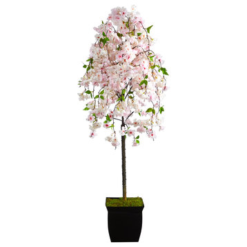 70" Cherry Blossom Artificial Tree, Black Metal Planter