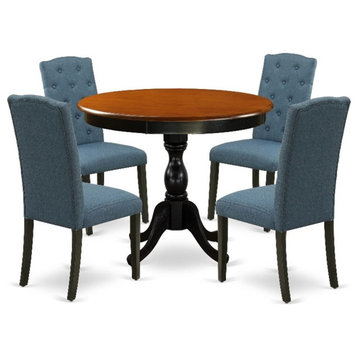 AMCE5-BCH-21 - Dining Table and 4 Blue Linen Fabric Chairs - Black Finish