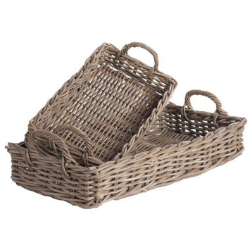 Set of 2 Rattan Cane Serving Trays Woven Gray Nesting Ottoman 29 in with Handles