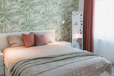 Example of a mid-sized trendy gray floor kids' bedroom design in Other