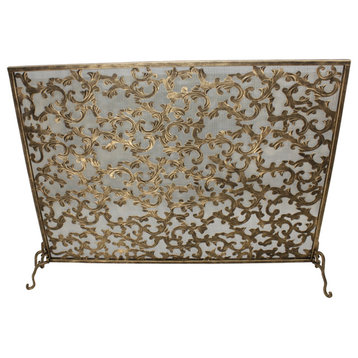 Single Panel Fireplace Screen in Light Burnished Gold Leaf Design