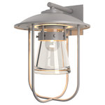 Hubbardton Forge - Erlenmeyer Large Outdoor Sconce, Coastal Burnished Steel Finish, Clear Glass - Our Erlenmeyer Large Outdoor Sconce is a tribute to nautical lanterns found throughout New England. A sturdy metal cage protects the thick glass flask. Available in your choice of Coastal Outdoor Finishes, this versatile sconce welcomes you with an updated look on a design classic.