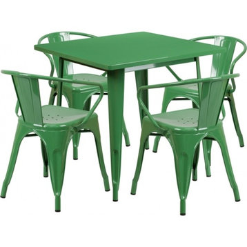 31.5" Square Green Metal Indoor-Outdoor 5-Piece Table Set With 4 Arm Chairs