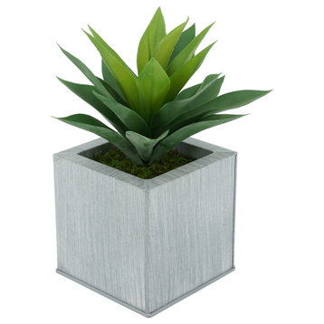 Faux Frosted Light Green Succulent in Square Zinc Pot, Farmhouse