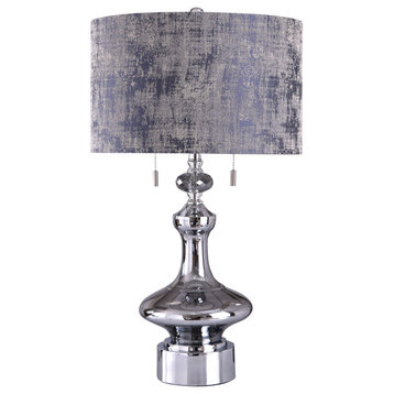 Zilar Mirror Glass Table Lamp With Faceted Crystal and Drum Shade, Chrome