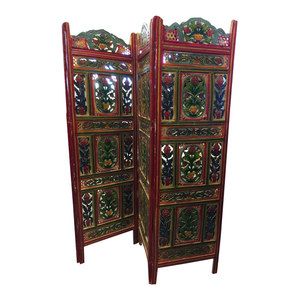 Mogul Interior - Consigned Jaipur Vintage Hand painted 4 Panel Floral Carved Room Divider Screen - Screens And Room Dividers