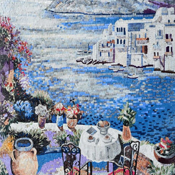 Coffee Table on A Terrace View on Marble Mosaic Mural I Mozaico