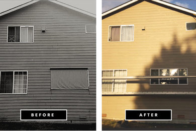 シアトルにあるお手頃価格のトラディショナルスタイルのおしゃれな家の外観 (ビニールサイディング、下見板張り) の写真