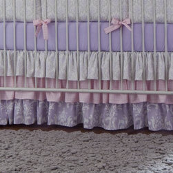 Lilac and Silver Gray Damask Crib Skirt - Baby Bedding
