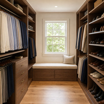 Walnut Walk-In Closet Layout With a Clear Center Aisle