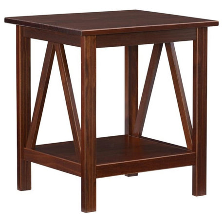 Linon Titian Solid Pine Wood End Table with Bottom Shelf in Tobacco Brown Finish