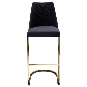 Set of, 2 Bar Height Chairs, Black Velvet With Polished Gold Metal Base