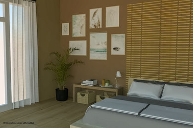 Exemple d'une chambre scandinave en bois avec un mur marron et parquet clair.