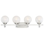 Savoy House - Savoy 8-4500-4-SN, Medina Satin Nickel 4 Light Bath - The magic of this Savoy House Medina 4-light bath bar rests in the orbs of white strie glass that seem to swirllike a crystal ball. Because these orbsare so magical, the rest of the light is subtle and understated. Small baubles of clear glass echo their larger counterparts and the hardware for this fixture has been thoughtfully moved to the side of the backplate so as not to interrupt the look. Finished in shining satin nickel. This fixture is 32`` wide and 9.25`` tall. It extends 7.5`` from the wall. Uses 4 standard size bulbs of up to 60 watts each (not included).