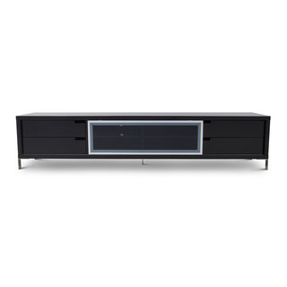 Modern Romo TV Unit Black Lacquer Drawers Stainless Steel Tempered