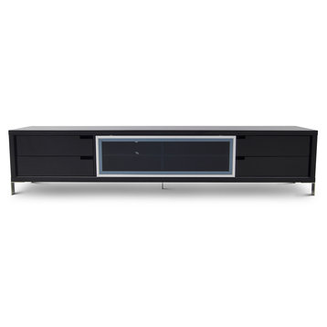 Modern Romo TV Unit Black Lacquer Drawers Stainless Steel Tempered Glass Door