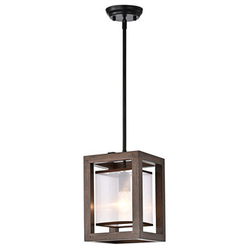Nora 1 Light Wood and Fabric Shade Cage Pendant Antique Black Metal