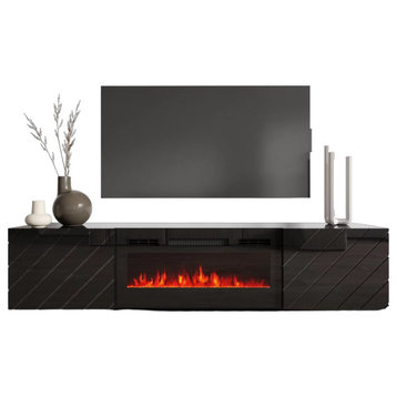 Modern Wall Mounted TV Stand, Linear Patterned Doors & Fireplace, Black/Black
